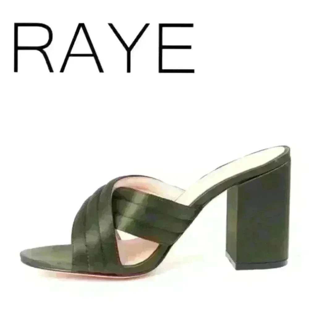 RAYE Bella Pine Satin Block Heel Mules